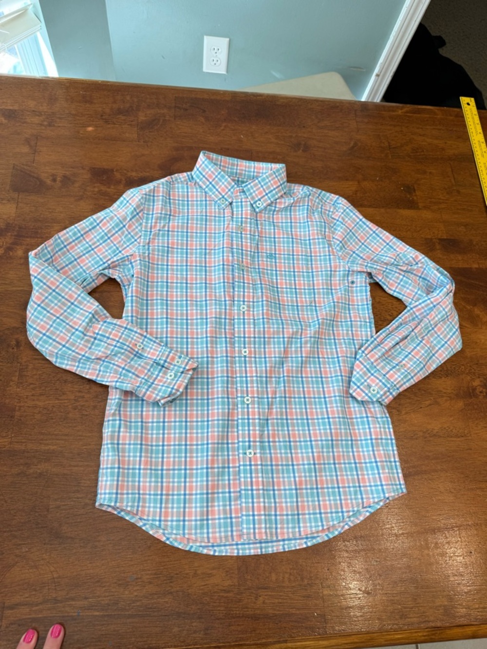 Southern Tide Boys Intercoastal Performance Plaid Sport Shirt Teal Coral L 12-14